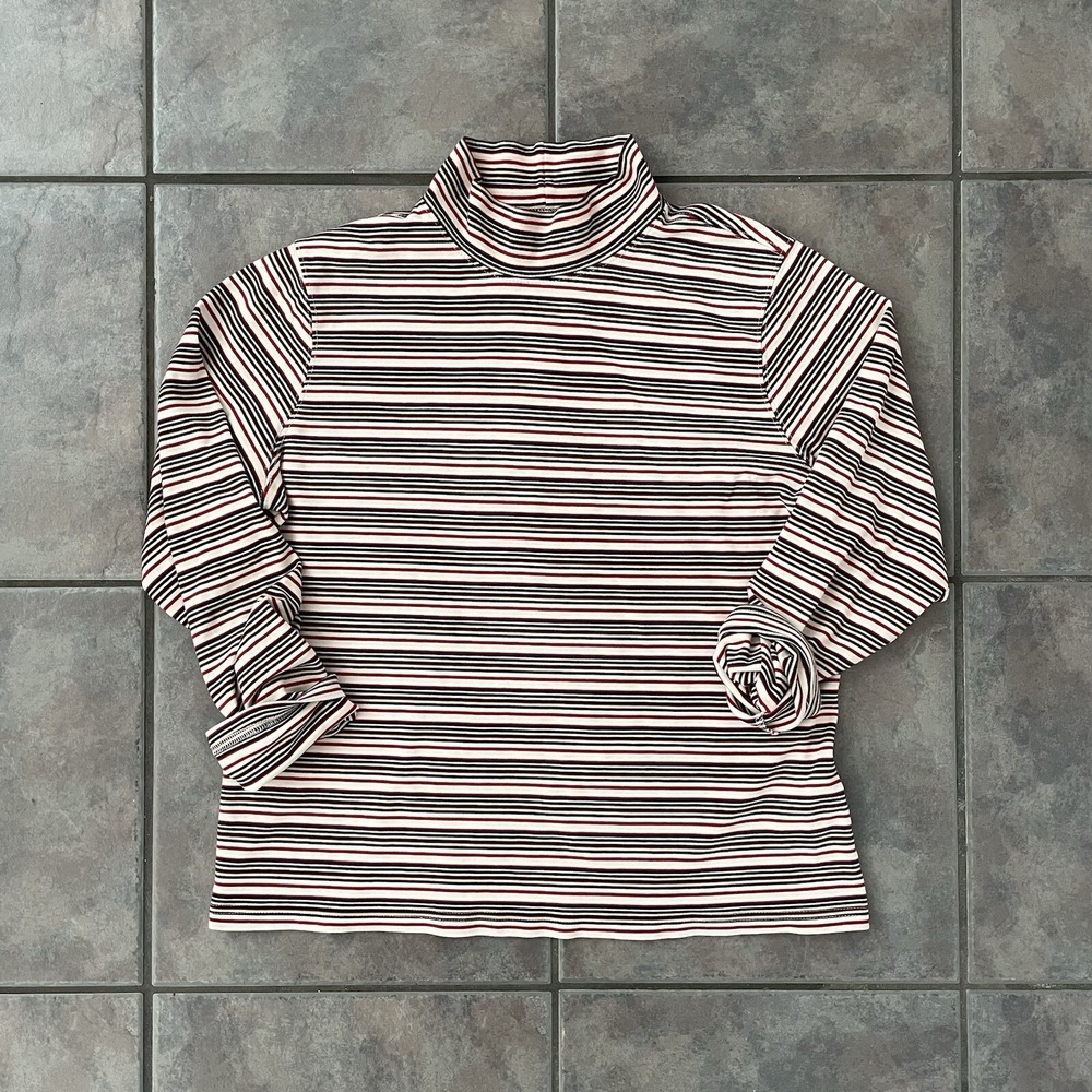 Vtg Women st johns bay Mock Neck Striped Long Sleeves Tee Brown Red Cream Large